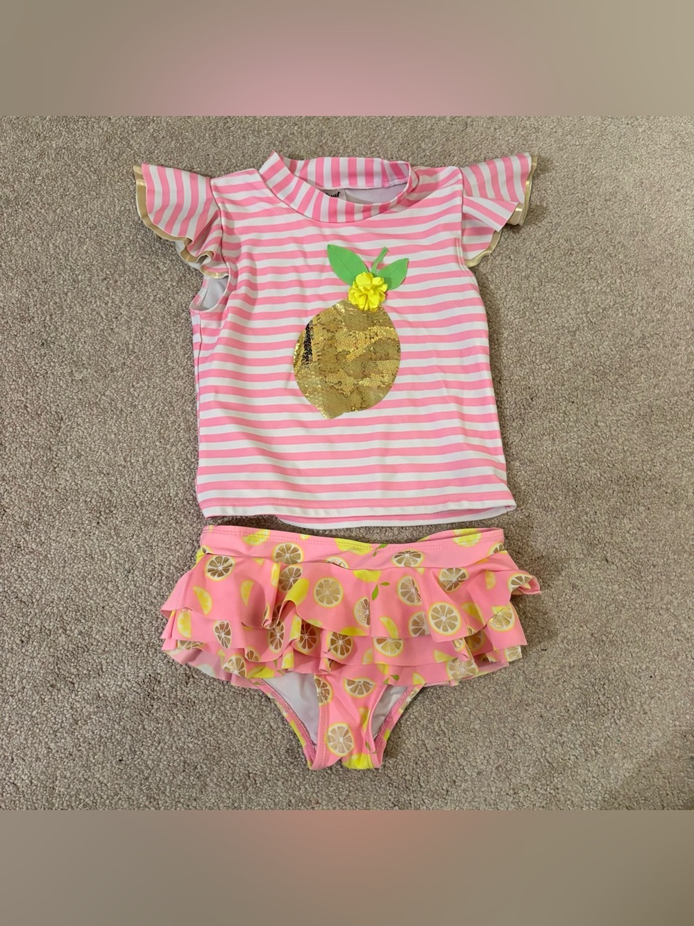 Wetsuit Club size 6 Girls Pink Striped Lemon Two-Piece Swim Set